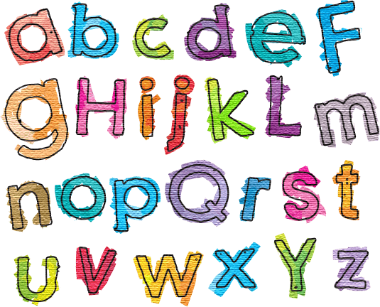 A colorful alphabet made of letters on black background.